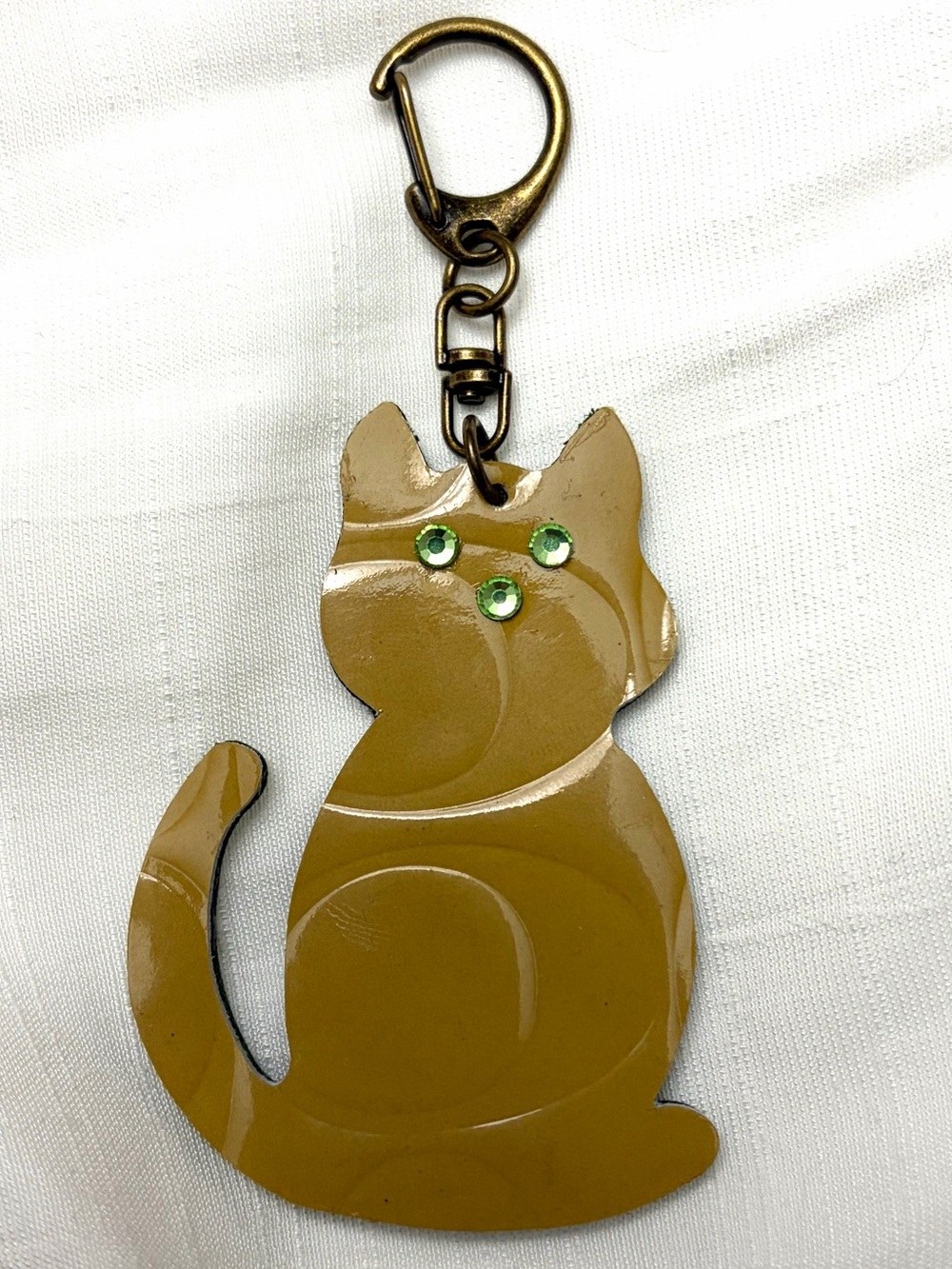 Upcycled COACH Cat Keychain Charm in Tan with Green Accents